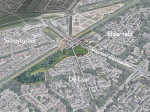 Locatie van het gebied van station Arnhem Zuid tussen de wijken De Laar, Schuytgraaf en Elderveld.