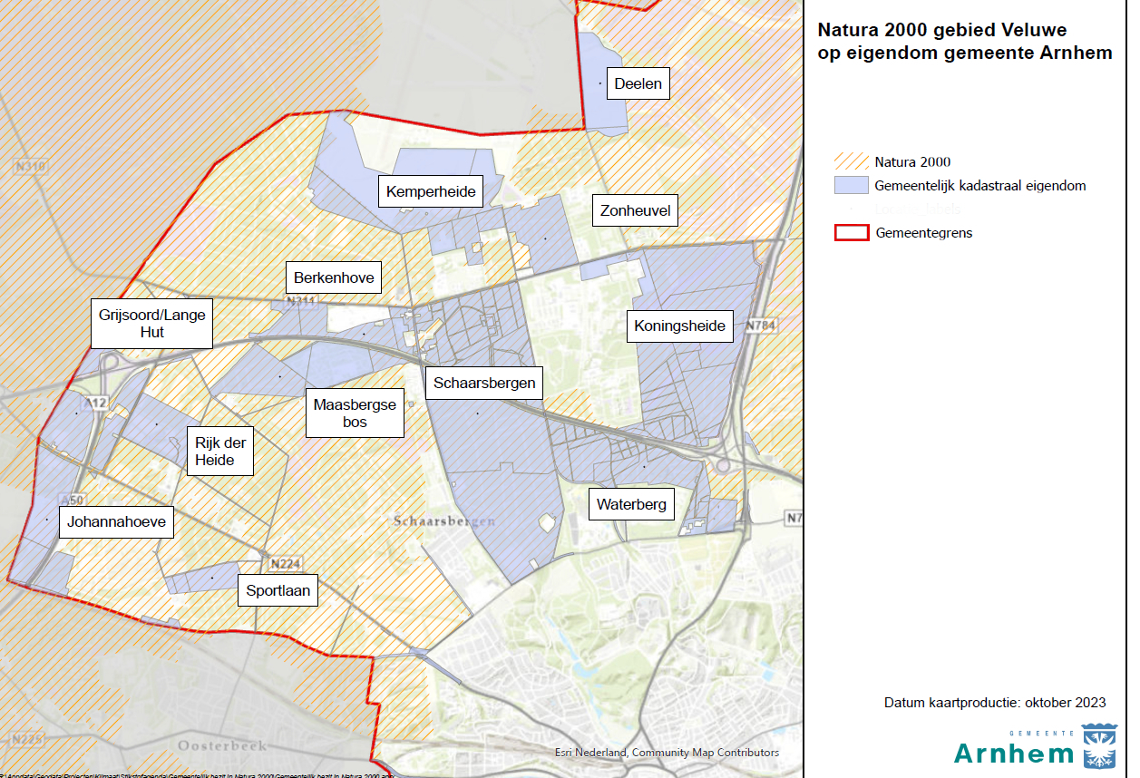 Overzichtskaart van Natura 2000 gebied Veluwe in eigendom van de gemeente Arnhem: 