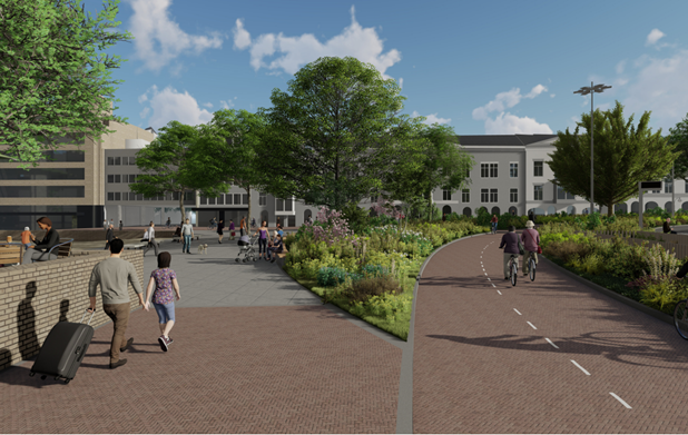 sfeerbeeld fietsverbinding Willemsplein vanaf Zijpse poort naar binnenstad.