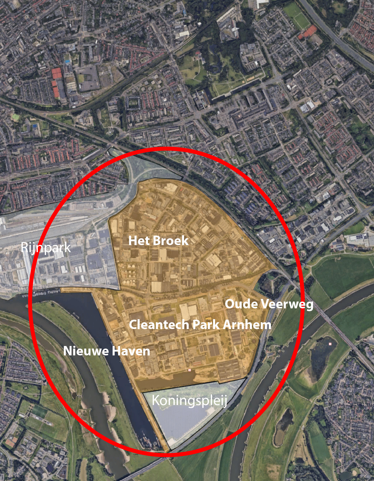 Gebied werklocaties Arnhem-Oost (Tussen Rijnpark en KoningsPley is het gebied Het Broek, Cleantech Park Arnhem, Nieuwe Haven, Oude Veerweg)
