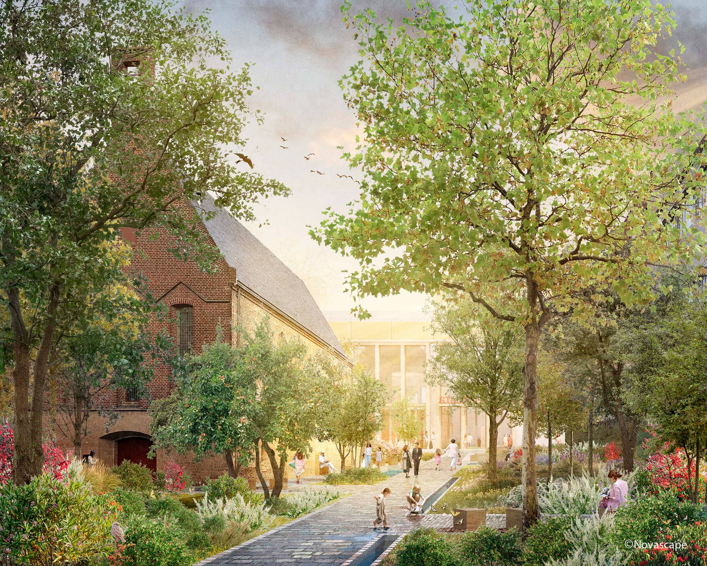 Een impressie van de Stadsoase, een groene tuin rond de Waalse Kerk met uitzicht op het nieuwe Stadstheater.