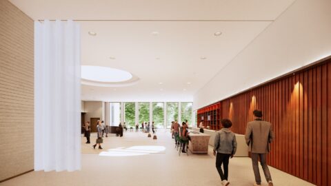 Het ontwerp van de centrale foyer van het Stadstheater.