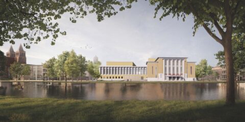 het ontwerp van de oostgevel van het Stadstheater vanaf de kant van de singel.
