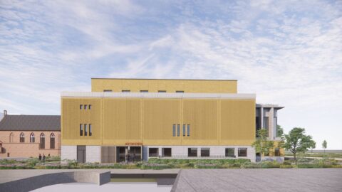 Het ontwerp van de zuidgevel van het Stadstheater met de artiesteningang